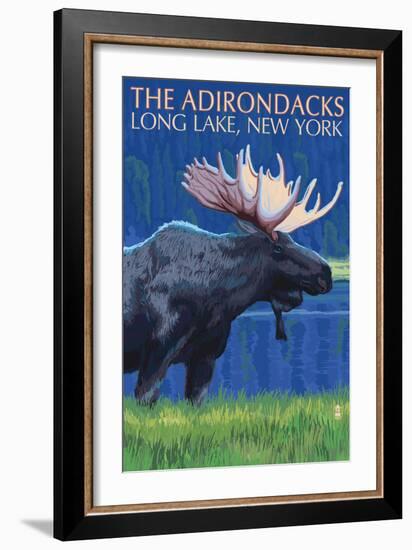 The Adirondacks - Long Lake, New York State - Moose at Night-Lantern Press-Framed Art Print