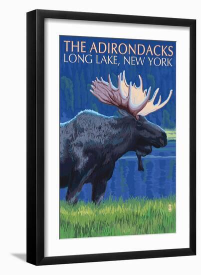 The Adirondacks - Long Lake, New York State - Moose at Night-Lantern Press-Framed Art Print