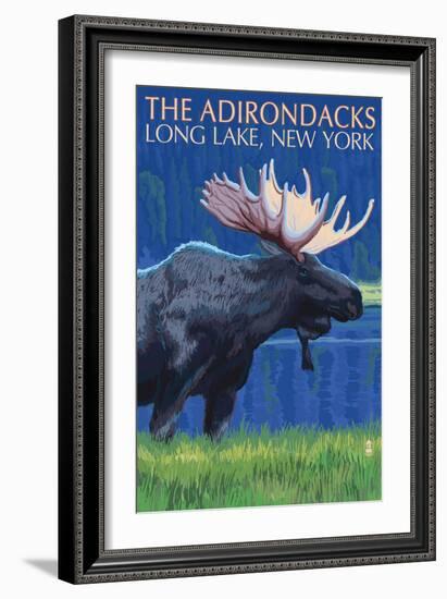 The Adirondacks - Long Lake, New York State - Moose at Night-Lantern Press-Framed Art Print