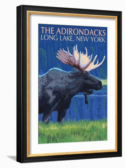 The Adirondacks - Long Lake, New York State - Moose at Night-Lantern Press-Framed Art Print