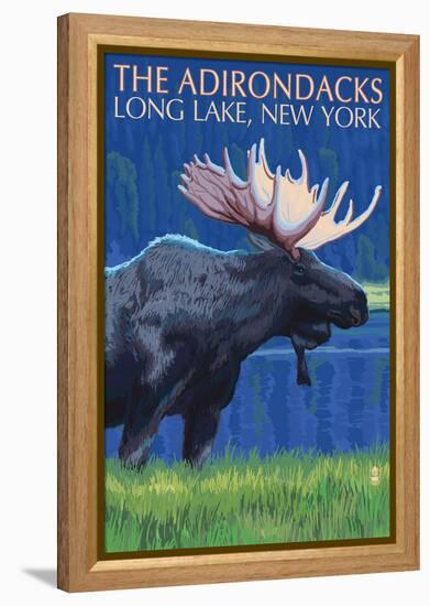 The Adirondacks - Long Lake, New York State - Moose at Night-Lantern Press-Framed Stretched Canvas