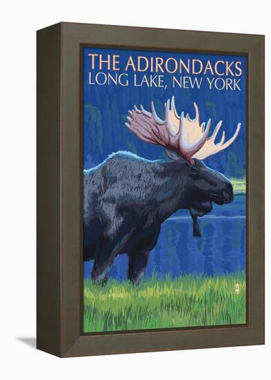 The Adirondacks - Long Lake, New York State - Moose at Night-Lantern Press-Framed Stretched Canvas