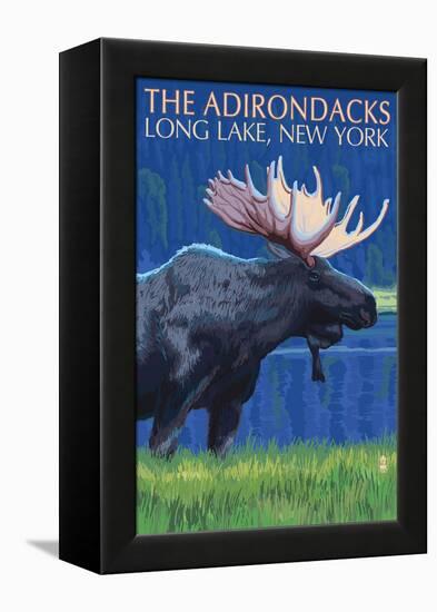 The Adirondacks - Long Lake, New York State - Moose at Night-Lantern Press-Framed Stretched Canvas