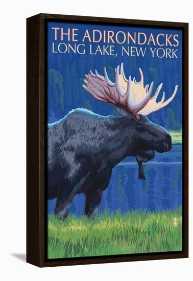 The Adirondacks - Long Lake, New York State - Moose at Night-Lantern Press-Framed Stretched Canvas