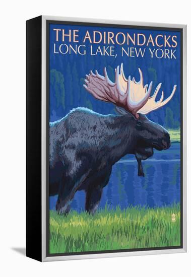 The Adirondacks - Long Lake, New York State - Moose at Night-Lantern Press-Framed Stretched Canvas