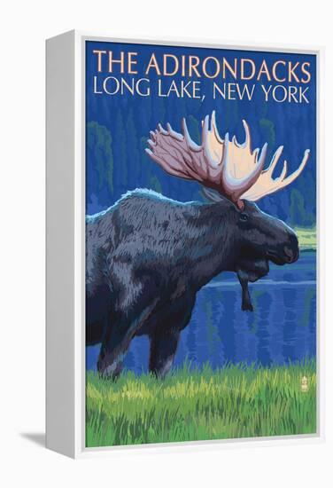 The Adirondacks - Long Lake, New York State - Moose at Night-Lantern Press-Framed Stretched Canvas