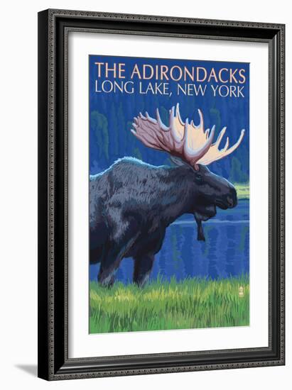 The Adirondacks - Long Lake, New York State - Moose at Night-Lantern Press-Framed Premium Giclee Print