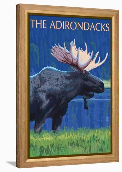 The Adirondacks - Moose at Night-Lantern Press-Framed Stretched Canvas