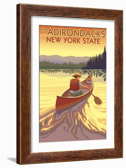 The Adirondacks, New York State - Canoe Scene-Lantern Press-Framed Art Print