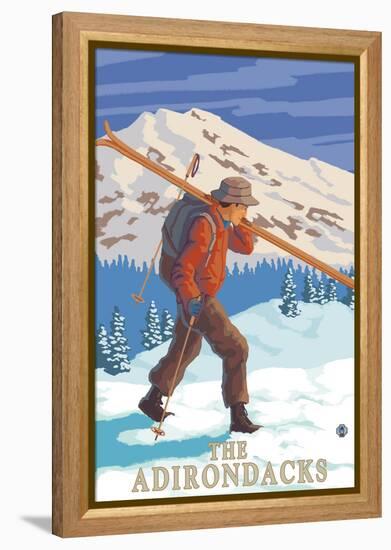 The Adirondacks, New York State - Skier Carrying Skis-Lantern Press-Framed Stretched Canvas