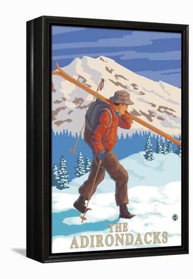 The Adirondacks, New York State - Skier Carrying Skis-Lantern Press-Framed Stretched Canvas