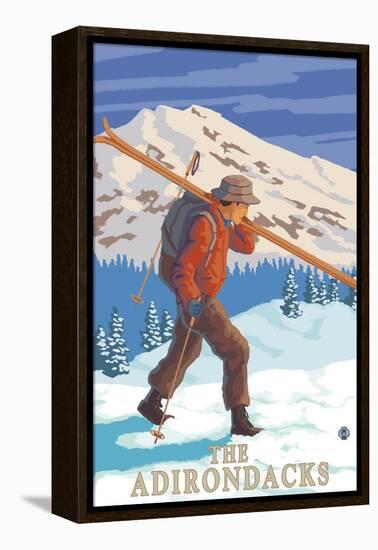 The Adirondacks, New York State - Skier Carrying Skis-Lantern Press-Framed Stretched Canvas