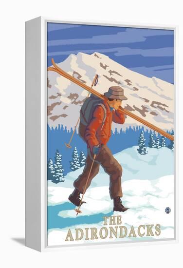 The Adirondacks, New York State - Skier Carrying Skis-Lantern Press-Framed Stretched Canvas