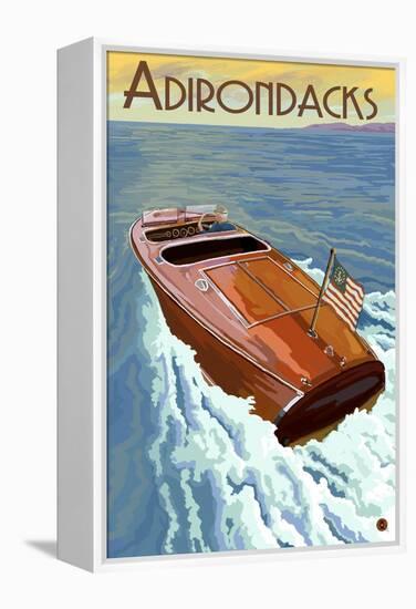 The Adirondacks - Wooden Boat on Lake-Lantern Press-Framed Stretched Canvas