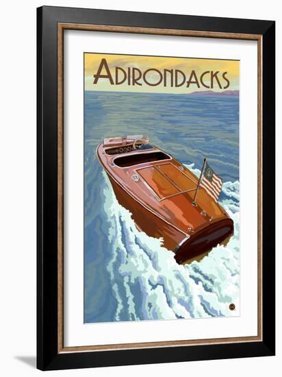 The Adirondacks - Wooden Boat on Lake-Lantern Press-Framed Art Print