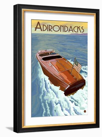 The Adirondacks - Wooden Boat on Lake-Lantern Press-Framed Art Print