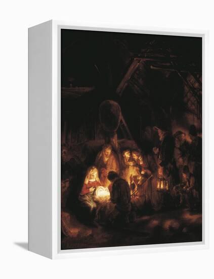 The Adoration of the Shepherds-Rembrandt van Rijn-Framed Stretched Canvas