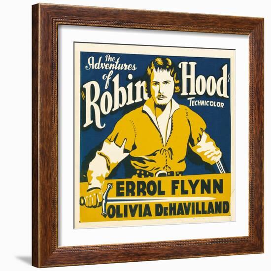 THE ADVENTURES OF ROBIN HOOD, Errol Flynn on jumbo window card, 1938-null-Framed Premium Giclee Print