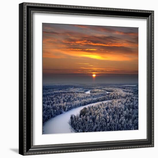 The Aerial View of Snow-Covered Winter Forest in Time Sundown on Christmas Eve.-Vladimir Melnikov-Framed Photographic Print