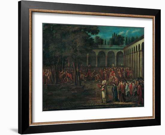 The Ambassadorial Delegation Passing Through the Second Courtyard of the Topkapi Palace, 1720s-Jean-Baptiste Vanmour-Framed Giclee Print