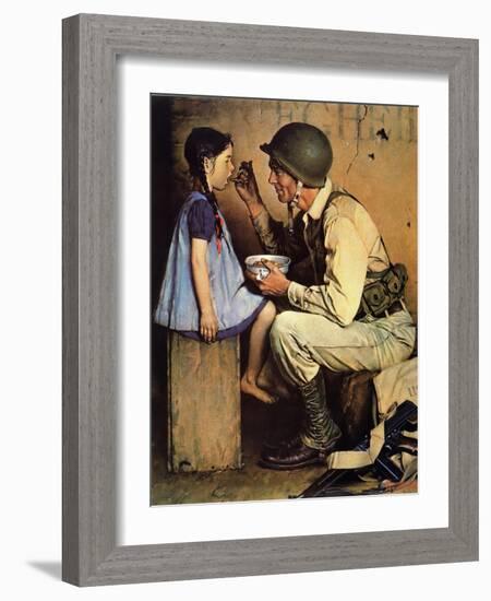 The American Way (or Soldier Feeding Girl)-Norman Rockwell-Framed Giclee Print