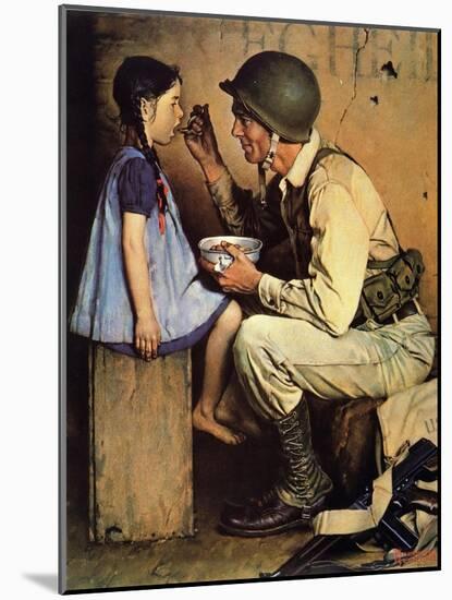 The American Way (or Soldier Feeding Girl)-Norman Rockwell-Mounted Giclee Print