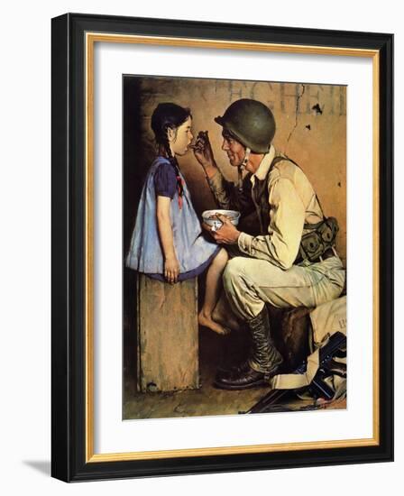 The American Way (or Soldier Feeding Girl)-Norman Rockwell-Framed Giclee Print