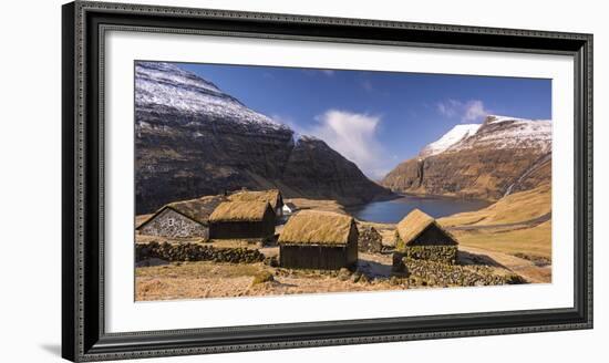 The ancient village of Saksun surrounded by beautiful mountain scenery, Streymoy, Faroe Islands, De-Adam Burton-Framed Photographic Print