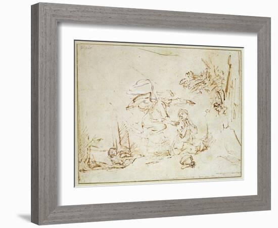 The Angel Appears to Hagar and Ishmael in the Wilderness (Pen and Brown Ink with Bodycolour on Pape-Rembrandt van Rijn-Framed Giclee Print