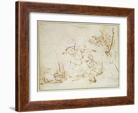 The Angel Appears to Hagar and Ishmael in the Wilderness (Pen and Brown Ink with Bodycolour on Pape-Rembrandt van Rijn-Framed Giclee Print