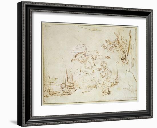 The Angel Appears to Hagar and Ishmael in the Wilderness (Pen and Brown Ink with Bodycolour on Pape-Rembrandt van Rijn-Framed Giclee Print
