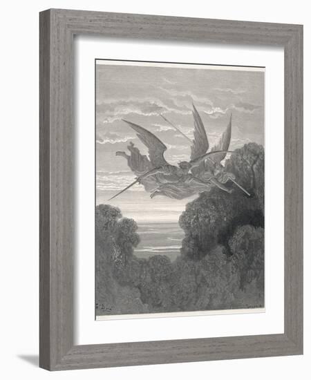 The Angels Ithuriel and Zephon Fly with Sword and Lance-Gustave Dor?-Framed Photographic Print