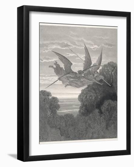 The Angels Ithuriel and Zephon Fly with Sword and Lance-Gustave Dor?-Framed Photographic Print