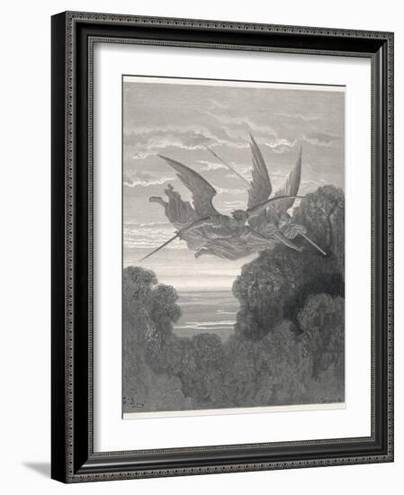 The Angels Ithuriel and Zephon Fly with Sword and Lance-Gustave Dor?-Framed Photographic Print