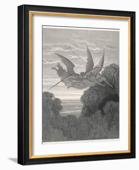 The Angels Ithuriel and Zephon Fly with Sword and Lance-Gustave Dor?-Framed Photographic Print