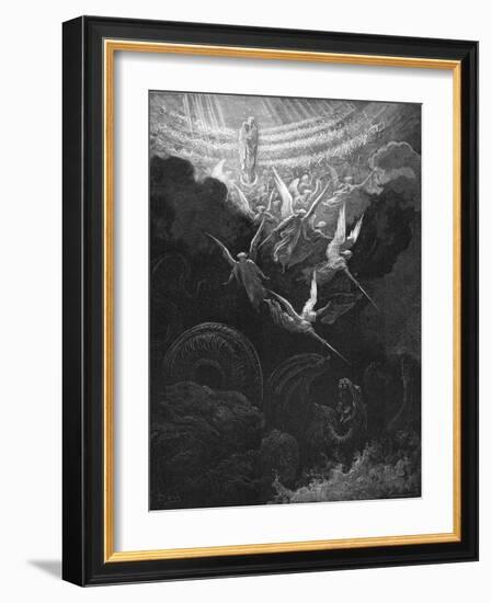 The Archangel Michael and His Angels Fighting the Dragon, 1865-1866-Gustave Doré-Framed Premium Giclee Print