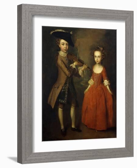 The Archbold Children: a Group Portrait of a Little Boy, Full Length Wearing a Beige Coat, Dark…-Philippe Mercier-Framed Giclee Print