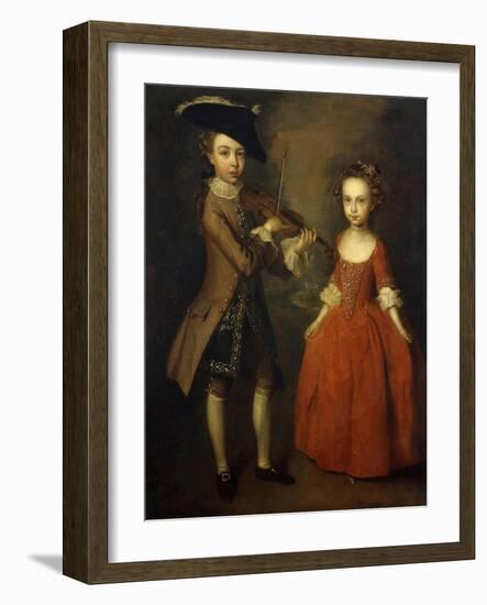 The Archbold Children: a Group Portrait of a Little Boy, Full Length Wearing a Beige Coat, Dark…-Philippe Mercier-Framed Giclee Print