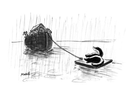 The ark with a small raft in tow with two skunks on it. - New Yorker Cartoon' Premium Giclee Print - Frank Modell The ark with a small raft in tow with two skunks on it. - New Yorker Cartoon' Premium Giclee Print - Frank Modell