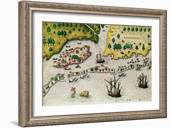 The Arrival of the English in Virginia, from "Admiranda Narratio..", 1585-88-Theodor de Bry-Framed Giclee Print