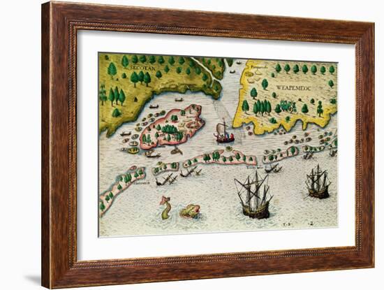 The Arrival of the English in Virginia, from "Admiranda Narratio..", 1585-88-Theodor de Bry-Framed Giclee Print