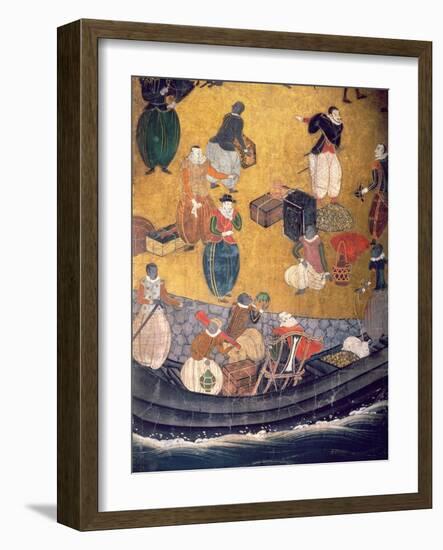 The Arrival of the Portuguese in Japan, Detail of Unloading Merchandise, from a Namban Byobu Screen-Japanese-Framed Giclee Print