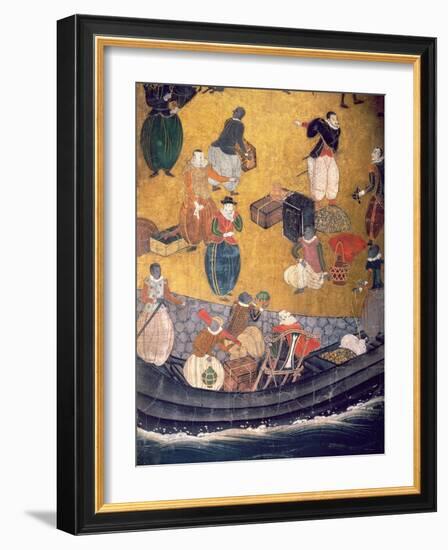 The Arrival of the Portuguese in Japan, Detail of Unloading Merchandise, from a Namban Byobu Screen-Japanese-Framed Giclee Print