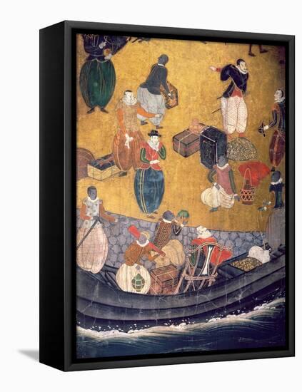 The Arrival of the Portuguese in Japan, Detail of Unloading Merchandise, from a Namban Byobu Screen-Japanese-Framed Premier Image Canvas