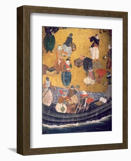 The Arrival of the Portuguese in Japan, Detail of Unloading Merchandise, from a Namban Byobu Screen-Japanese-Framed Giclee Print