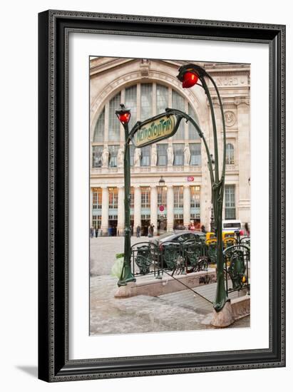 The Art Nouveau Entrance to Gare Du Nord Metro Station with the Main Railway Station Behind-Julian Elliott-Framed Photographic Print