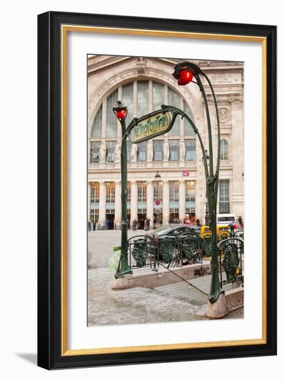 The Art Nouveau Entrance to Gare Du Nord Metro Station with the Main Railway Station Behind-Julian Elliott-Framed Photographic Print