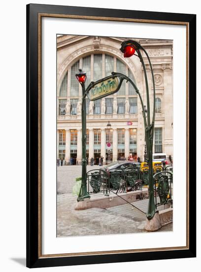 The Art Nouveau Entrance to Gare Du Nord Metro Station with the Main Railway Station Behind-Julian Elliott-Framed Photographic Print