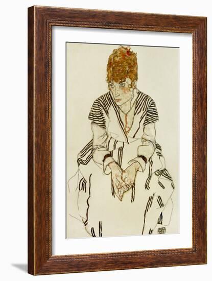 The Artist's Sister-In-Law in Striped Dress, Seated, 1917-Egon Schiele-Framed Giclee Print