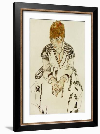 The Artist's Sister-In-Law in Striped Dress, Seated, 1917-Egon Schiele-Framed Giclee Print